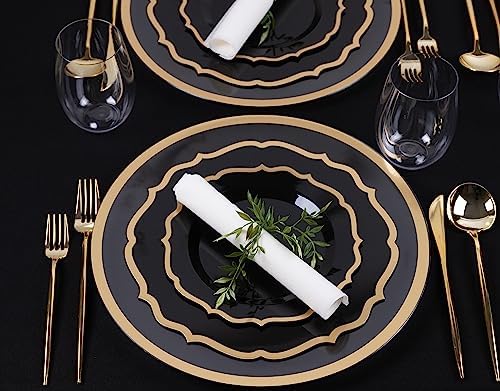 PLASTICPRO 64 Pack Elegant Disposable Plastic Plates Combo Set Includes 32 Dinner Plates and 32 Salad Plates Heavy Duty Fancy Party Plates Black & Gold Contemporary Design - Image 3