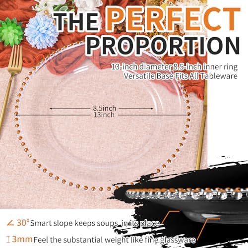 12 Pack Clear Charger Plates Bulk Wedding, 13 Inch Plastic Round Dinner Chargers with Orange Beaded Rim, Acrylic Round Decorative Plates for Wedding Party Home and Tabletop Decor (Orange) - Image 2