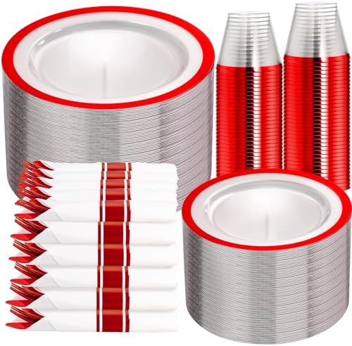 I00000 350Pcs Clear Red Plastic Plates,Disposable Dinnerware for 50 Guests by I00000
