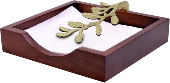 Napkin Holder - Solid Wood Brown Finish Home Decor & Kitchen Decor Table Countertop Serviette & Tissue Holder with Metal Ornament Arm in Silver Gold Finish - Indoor and Outdoor Use - Leaves Design