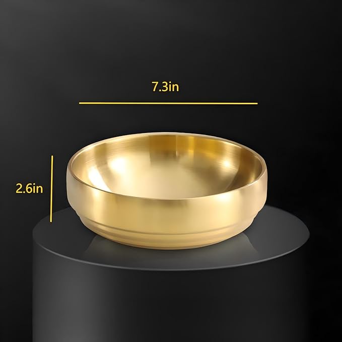 Gold Soup Bowls, 7.3 Inch 35OZ Large Stainless Steel | Double-Walled Unbreakable Serving Bowls for Soup, Rice & Salad, Heat Retention Dish for Noodles and Sashimi at Home or Restaurant