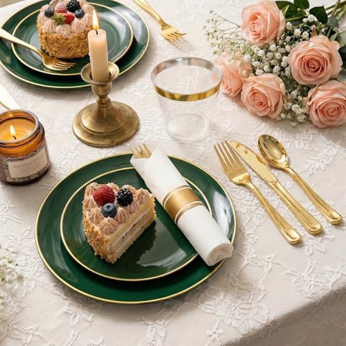 Green Gold Dinnerware Set Disposable Plates for 175PCS 25 Guests - Image 2