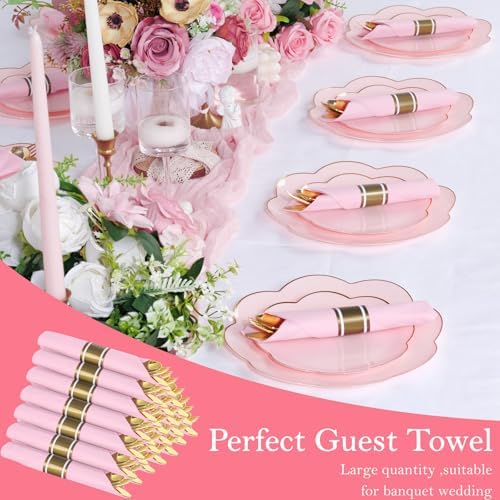 Supernal 30 Pack Gold Plastic Silverware Set with Pre Rolled Pink Napkin - Image 3