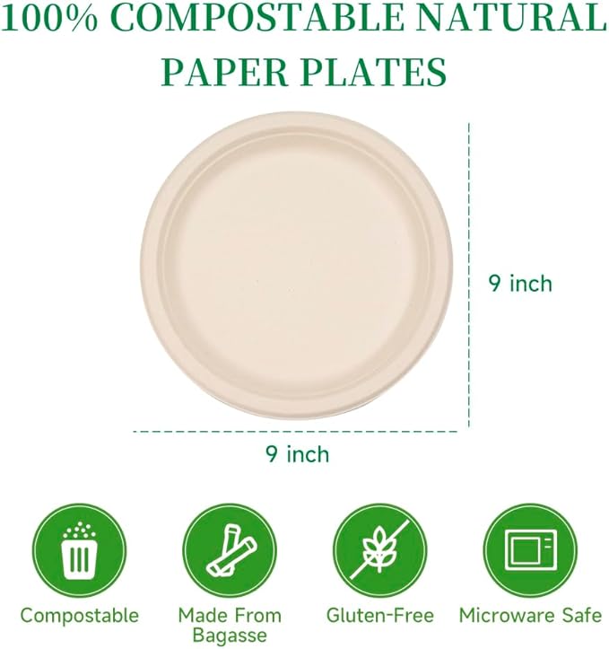 RACETOP Compostable Paper Plates 9 Inch [500 Pack], Disposable Biodegradable Heavy Duty Paper Plates, Made of Natural Sugarcane Fibers, Unbleached Brown, Round