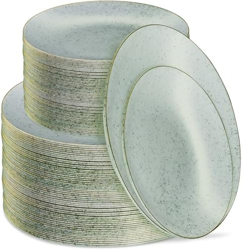 PLASTICPRO 128 Pack Elegant Disposable Plastic Plates Combo Set Bulk Pack Includes 64 Dinner Plates and 64 Salad Plates Heavy Duty Fancy Party Plates Green Granite Plates with Gold rim by PLASTICPRO