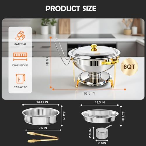 ALSO GO Round Chafing Dishes for Buffet with Serving Tongs, 7QT Chafing Dishes Buffet Set, Golden Stainless Steel Catering Food Warmer for for Party, Gathering, Banquet, Wedding - Image 6