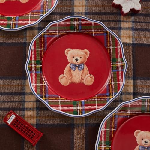 Bico Blue Ribbon Teddy Bear Scalloped Salad Plates Set of 4, 8.75 Inch Ceramic Dessert Plates for Salad, Appetizer, Side Dishes, Microwave and Dishwasher Safe, Gift for Housewarming and Christmas - Image 4