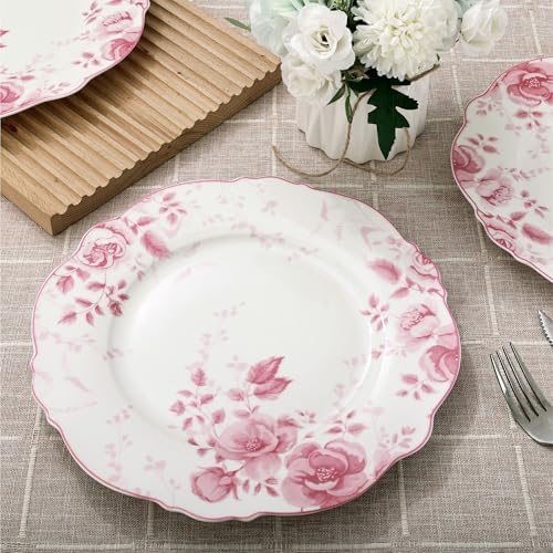 fanquare 10.5 Inch Large Round Pink Floral Porcelain Dinner Plate Sets of 4 - Image 5