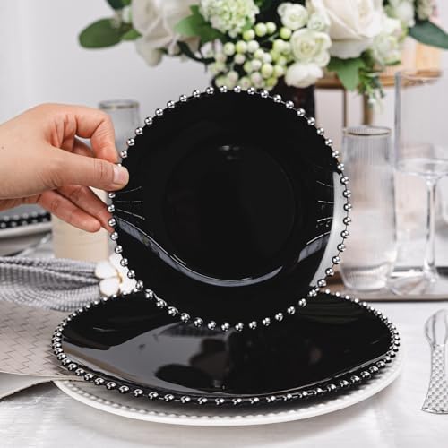 HOMIP 50PCS Disposable Black Plastic Plates with Silver Pearl-Beaded Rim - Image 5