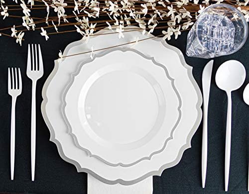 PLASTICPRO 64 Pack Elegant Disposable Plastic Plates Combo Set Includes 32 Dinner Plates and 32 Salad Plates Heavy Duty Fancy Party Plates White & Silver Contemporary Design - Image 2