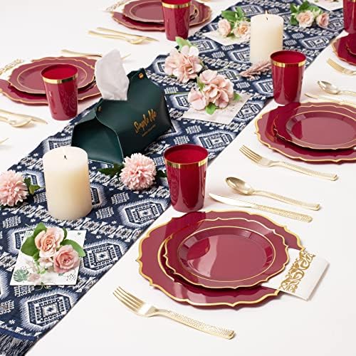 Burgundy & Gold Disposable Dinnerware Set Serves 25 People, 175 Pc Heavy Duty Plastic Plates, Cups, Gold Cutlery & Napkins, Elegant Wedding Dinnerware for Thanksgiving, Christmas & Parties - Image 5