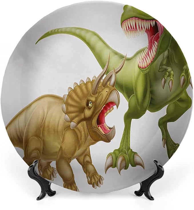 Ceramic Plates, Dinosaur Decorative Ceramic Plates, Rex Versus Triceratops Scaring Each Other, 8 Inch, for Dining, Parties, Wedding, Green Pink Pale Brown