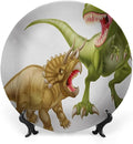 Decorative Plates, Dinosaur Print Ornament, Rex Versus Triceratops Scaring Each Other, 7 Inch, 1 Plate with 1 Display Stand, Green Pink Pale Brown