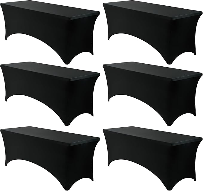VidaFete Spandex Tablecloth 6 Pack 6FT, Fitted Stretch Table Cover for Rectangle Tables, Wrinkle Resistant and Washable Tablecloths for Outdoor, Picnic, Party, Wedding, Banquet, Birthday, Black