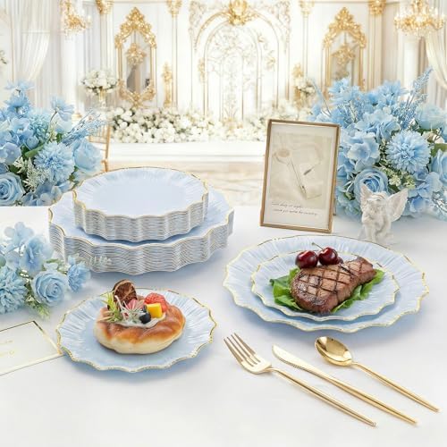 Rubtlamp 60Pcs Blue Plastic Plates - Blue Scalloped Plates with Gold Trim - 30 Gold Dinner & 30 Dessert Platos, Fancy Disposable Plates for Wedding (30 Guests) - Image 4
