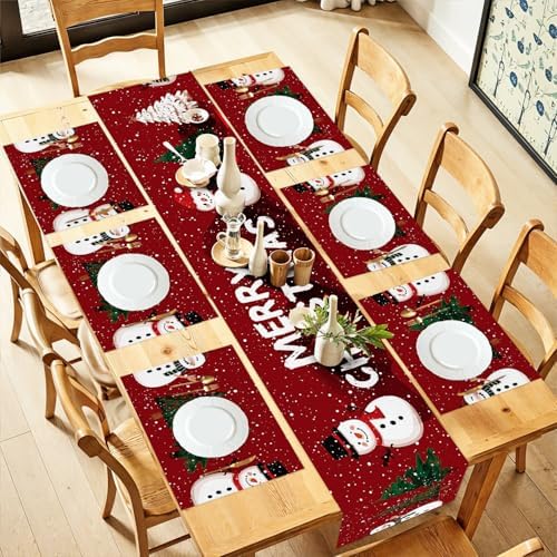 ANNA QUEEN Christmas Table Runner and Placemats Set of 6, 13"x72" Table Runner with 12"x18" Placemats, Holiday Dining Decor with Snowman & Tree Pattern in Red by ANNAQUEEN