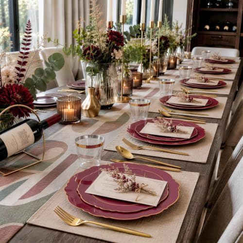 Liacere 150Pcs Burgundy Red Plastic Plates-Red Gold Disposable Plates-Red and Gold Rim Disposable Plastic Dinnerware 50Plates,25Pack Silverware and 25Cups for Wedding/Party/Halloween/Christmas - Image 2