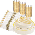 WELLIFE 210PCS Ivory Plastic Plates for 30 Guests - Gold Plastic Plates, Platos Para Fiestas Elegantes Desechables, Disposable Plate for Party and Wedding by WELLIFE