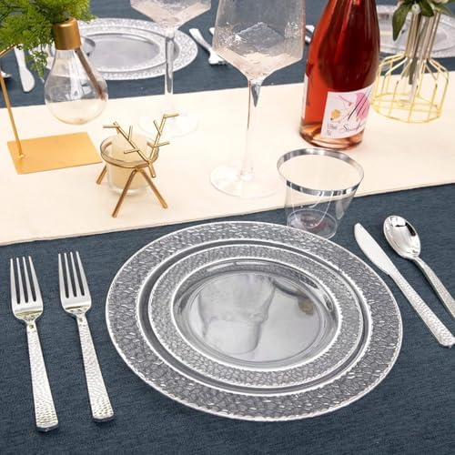 Ciaell 150PCS Clear Silver Plastic Plates - Silver Disposable Plates include 25Dinner Plate, 25Dessert Plate, 25Forks, 25Knives, 25Spoons, 25Cups for Weddings & Parties (Pack of 2) - Image 6