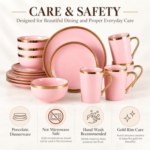 Pink and Gold Dinnerware Set for 4, 16-Piece Porcelain Gold Rim - Image 6