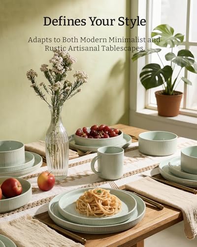 Famiware Stoneware Dishes Dinnerware Sets for 6, Ribbed Plates and Bowls - Image 2