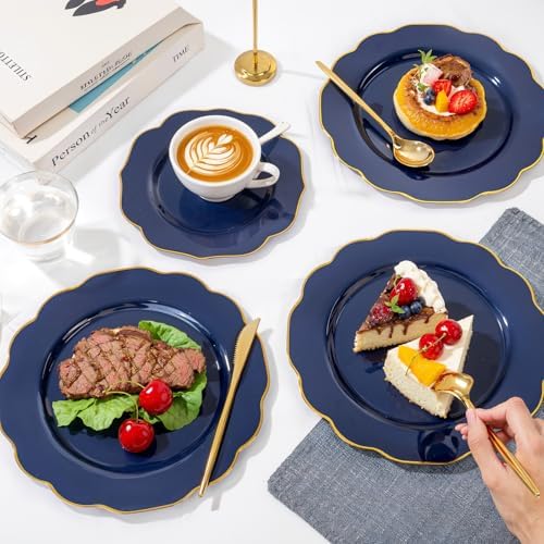 bUCLA 180PCS Blue Plastic Plates - Navy Blue and Gold Rim Disposable Include 30 Each (Dinner & Dessert) Plates, 30 Knives, 30 Forks, 30 Spoons and 30 Cups, Ideal for Party & Labor Day - Image 5