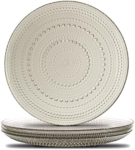 Smokey Black Hobnail Dinner Plates Set of 4 Pressed Glass 10.5 Inch by Yungala