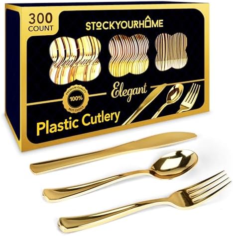 Gold Plastic Silverware Set (300-Pack) – Disposable Heavy Duty Cutlery, 100 Forks, 100 Knives, 100 Spoons for Parties, Weddings, Dinners & Holidays, Stock Your Home by StockYourHome