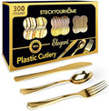 Gold Plastic Silverware Set (300-Pack) – Disposable Heavy Duty Cutlery, 100 Forks, 100 Knives, 100 Spoons for Parties, Weddings, Dinners & Holidays, Stock Your Home by StockYourHome