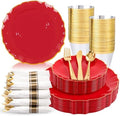 bUCLA 175PCS Red Plastic Plates - 25 Guests Gold Rim for Party, Wedding by BUCLA
