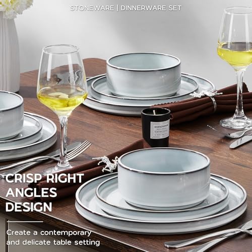 Onader Dinnerware Dishes Sets for 8, Stoneware Plates and Bowls with Unglazed Terracotta Bottom, Ceramic Kitchen Dinner Dish Set, 24 Piece - Glacier White - Image 5