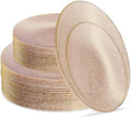 PLASTICPRO 64 Pack Elegant Disposable Plastic Plates Combo Set Includes 32 Dinner Plates and 32 Salad Plates Heavy Duty Fancy Party Plates Pink Granite Plates with Gold rim by PLASTICPRO