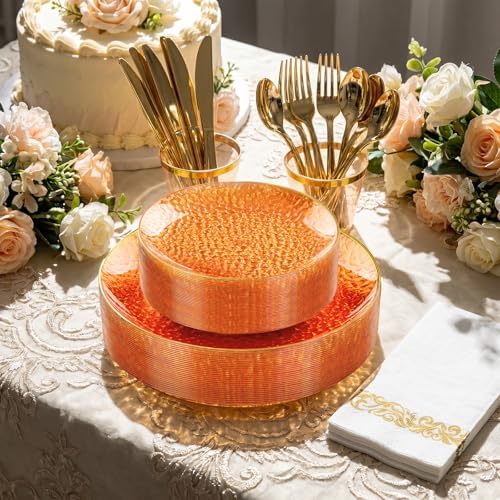 Rubtlamp 175 Pcs Plastic Dinnerware Set (25 Guests), Orange And Gold Plastic Plates, Hammered Party Plates Set Include Dinner Plates, Dessert Plates, Cups&Cutlery Set And Napkins for Wedding And Party - Image 4