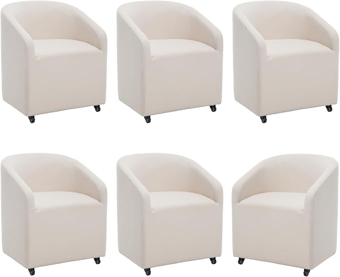 Modern Barrel Dining Chairs with Rolling Casters Set of 6, Upholstered Linen Swivel Dining Room Chairs with Wheels for Kitchen Living Room Home Office, Beige