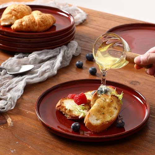vicrays Ceramic Salad Plates Set - Porcelain 8 Inch Flat Dessert Appetizer Plate for Lunch Home Party Restaurant - Scratch Resistant Microwave Oven and Dishwasher Safe - Set of 6 (Cherry Red) - Image 3