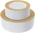 FOCUSLINE Gold Plastic Plates Set, 102 Disposable Plates with Gold Grid Rim by FOCUSLINE