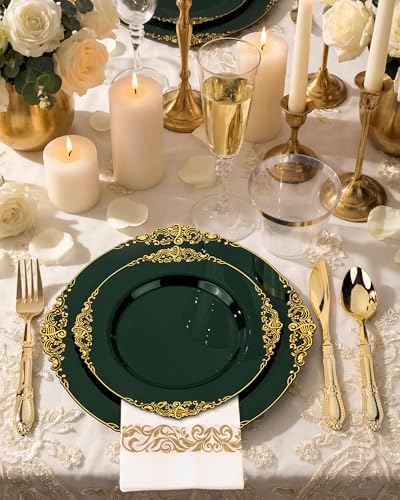 Morejoy 175PCS Green Plastic Plates - Green Gold Plastic Dinnerware Sets - Image 3