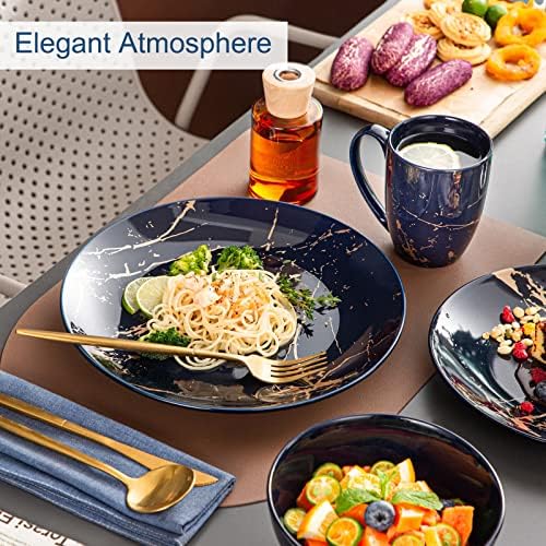 LOVECASA Porcelain Dinnerware Sets for 4, 16 PCS Plates and Bowls Set, Color Glaze with Gold Plate Dish Set, Dinner Sets with Dinner Plates, Dessert Plate, Bowls and Mugs, Dark Blue - Image 5