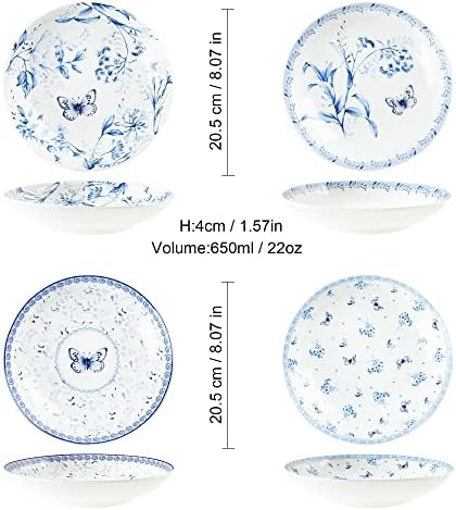 fanquare 8 Inch Pasta Bowls Set of 4, Porcelain Salad Plates for Desserts, Bread, Soup, Blue Floral Shallow Serving Plates - Image 6