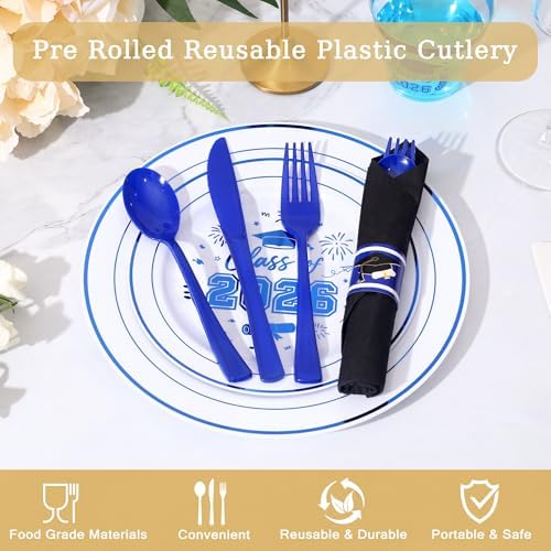 30 Pack Pre Rolled Blue Plastic Silverware Set with Napkin - Image 3