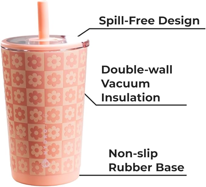 HydroJug Everyday Tumbler 14 oz – Ceramic-Lined Insulated Tumbler with Straw and Soft-Touch Lid, Cup Holder Friendly, Double-Wall Vacuum Insulation, Reusable Travel Cup – Daisy Checkers