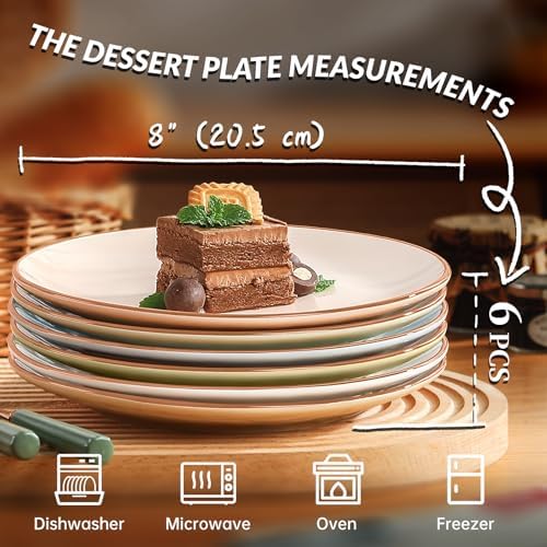 Dessert Plate Ceramic Set of 6, Colorful 8 Inch Salad Plates for Appetizer Lunch, Fiesta Cute Kids Plates, Modern Serving Dishes, Microwave Dishwasher Safe, Assorted Candy Hue - Image 2