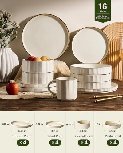 Famiware Star Stoneware Dinnerware Sets with Pasta Bowls, 16pc Dishes for 4 - Image 6