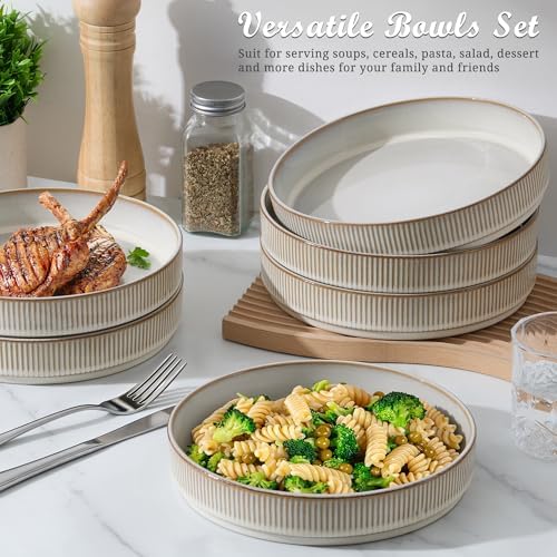 E-far Pasta Bowls Set of 6, 35oz Large Salad Bowl Plate for Dinner Serving, Wide & Shallow Ceramic Stoneware Pasta Plates, Microwave & Dishwasher Safe, Reactive Glaze Textured Stripes, Creamy Beige - Image 3