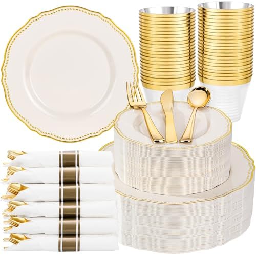 Hioasis 350 Pcs Ivory Gold Plastic Plates Wedding & Party by Hioasis