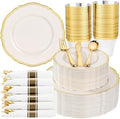Hioasis 350 Pcs Ivory Gold Plastic Plates Wedding & Party by Hioasis