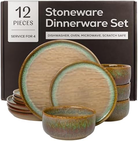 Joseph Sedgh Collection Durable Stoneware Dinnerware Set with Reactive Glaze Finish, 12-Piece, Alyssa Brown by JosephSedghCollection