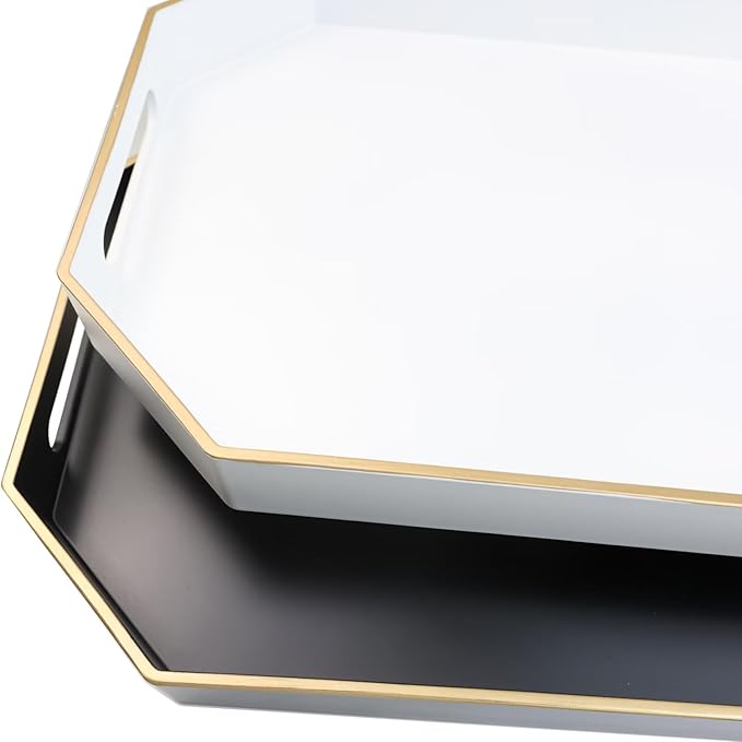 Black Decorative Tray with Handles, Octagon Versatile Serving Tray for Coffee Table, Ottoman, Ideal for Serving, Displaying, Organizing