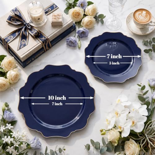 WDF 50PCS Navy Blue Disposable Plates Fancy Blue Plates with Gold for Party - Image 2