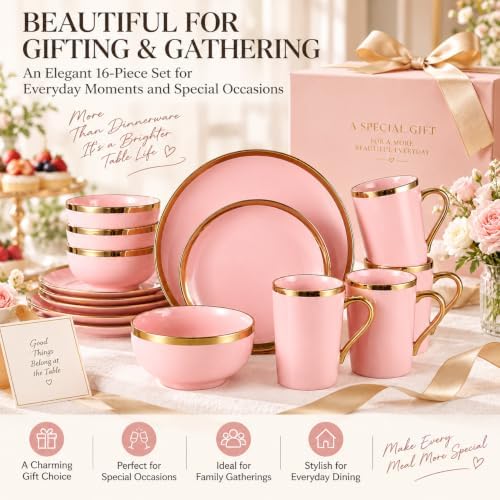 Pink and Gold Dinnerware Set for 4, 16-Piece Porcelain Gold Rim - Image 7